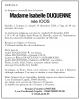 Faire-part de décès de DUQUENNE-IOOS Isabelle Marie Ange Hélène